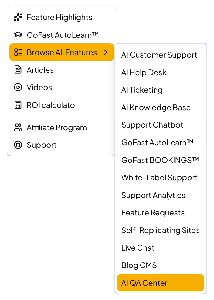 Explore menu showing the full feature list, from AI Customer Support to AI QA Center
