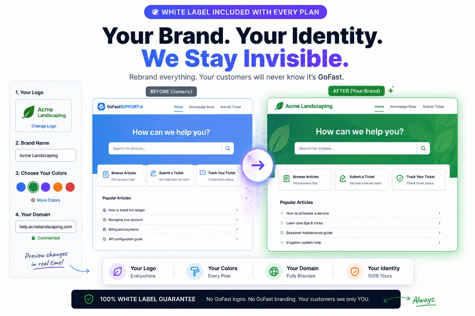 White-label branding examples: the same support portal styled with four different company brands