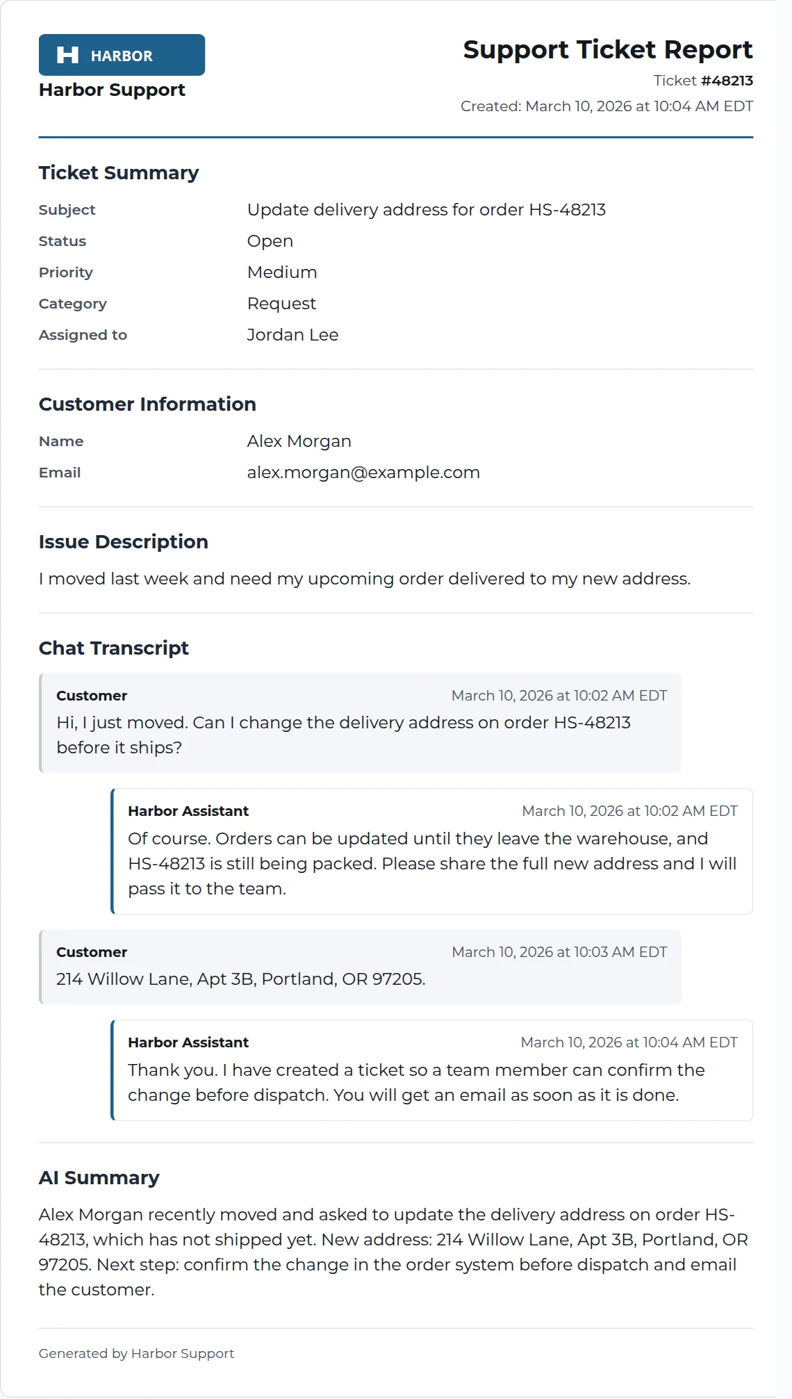 Sample support ticket report for the fictional company Harbor Support, showing the ticket summary, customer details, a timestamped chat transcript about a delivery address update, and an AI summary.