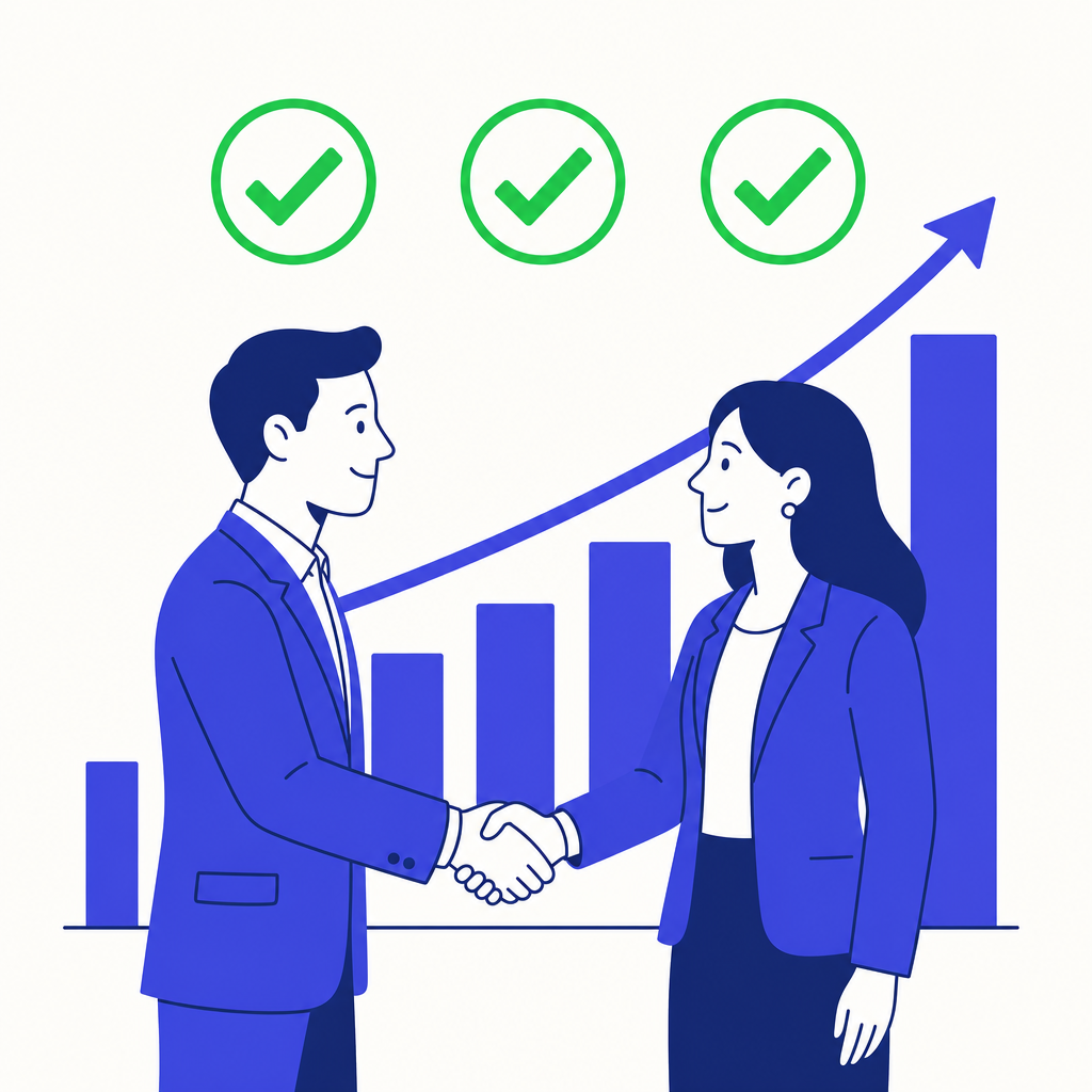 Two business people shaking hands with an upward chart and checkmarks — representing a simple, honest referral program