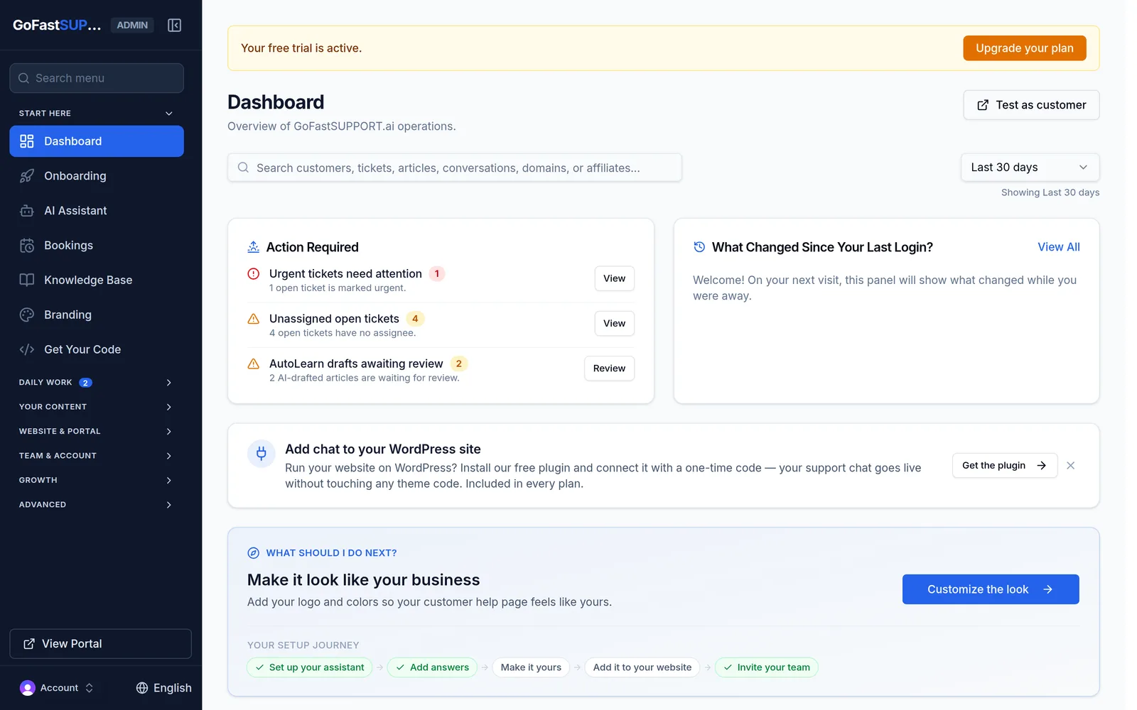 The GoFastSUPPORT staff dashboard showing tickets, live chat, and knowledge base activity