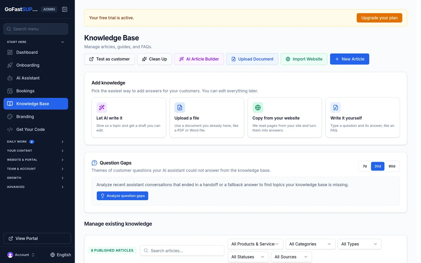 Knowledge Base screen with AI writing, document upload, and website import options