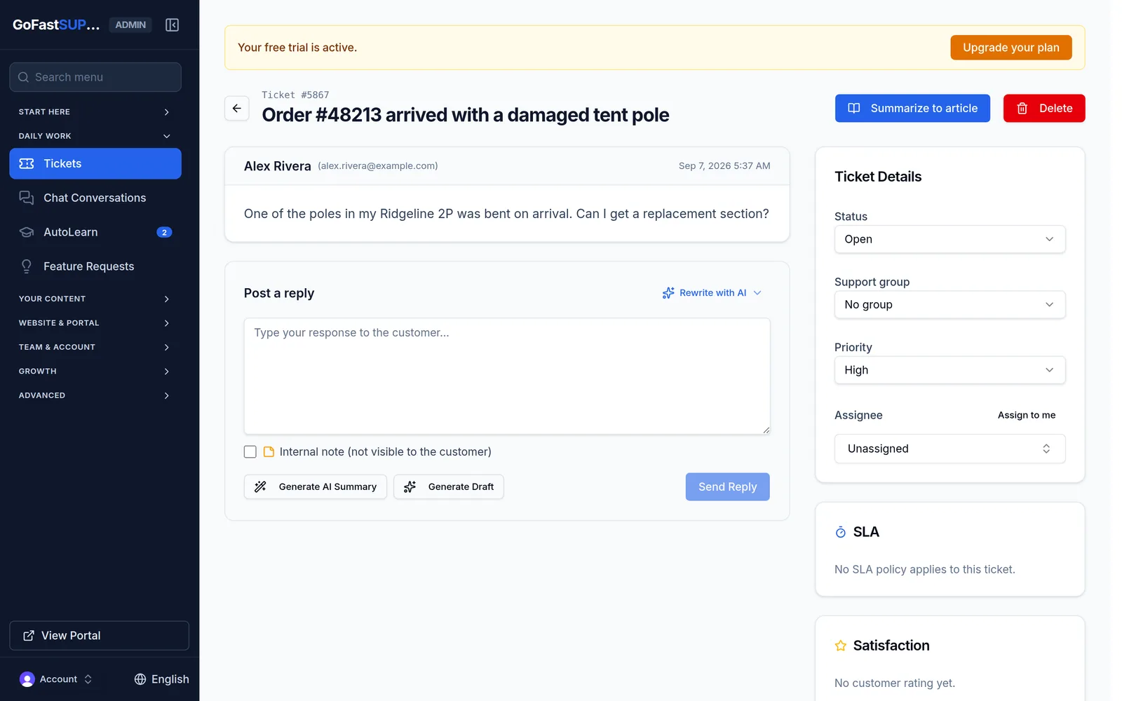 A resolved support ticket in the GoFastSUPPORT.ai helpdesk