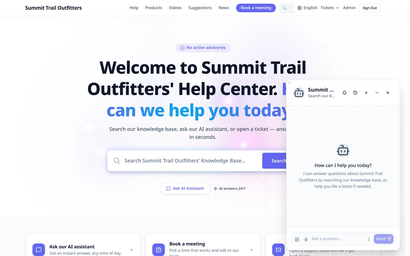 A branded customer support portal with the AI chat widget open and answering